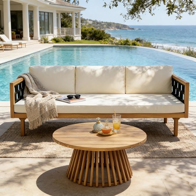 Merax 2 Piece Acacia Wood Outdoor Conversation Set, 3-Seater Outdoor Daybed Sofa - Image 3