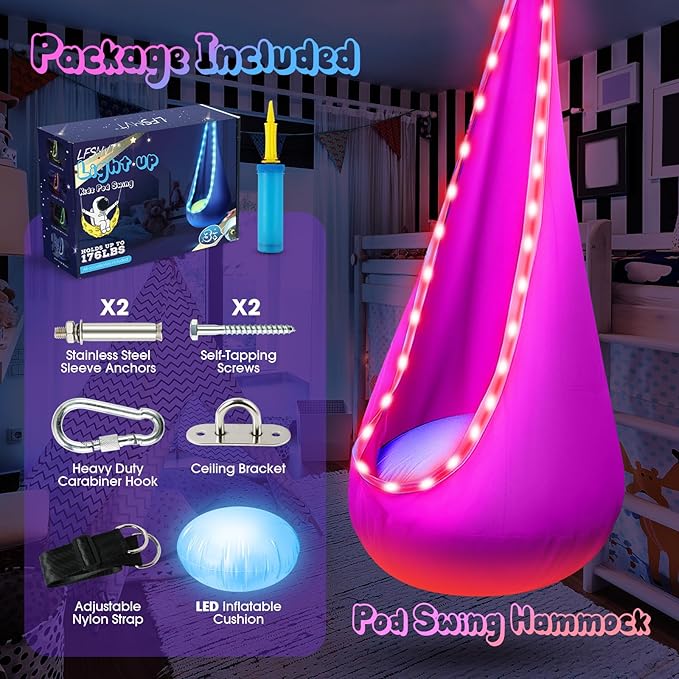 Light Up Kids Pod Swing Seat, Upgraded Kids Hanging Hammock Swing - Image 4