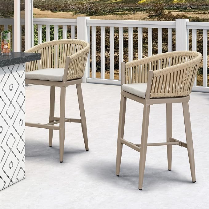 PURPLE LEAF Outdoor Bar Height Stools Set of 2 Patio Metal Modern Wicker Bar by PURPLELEAF