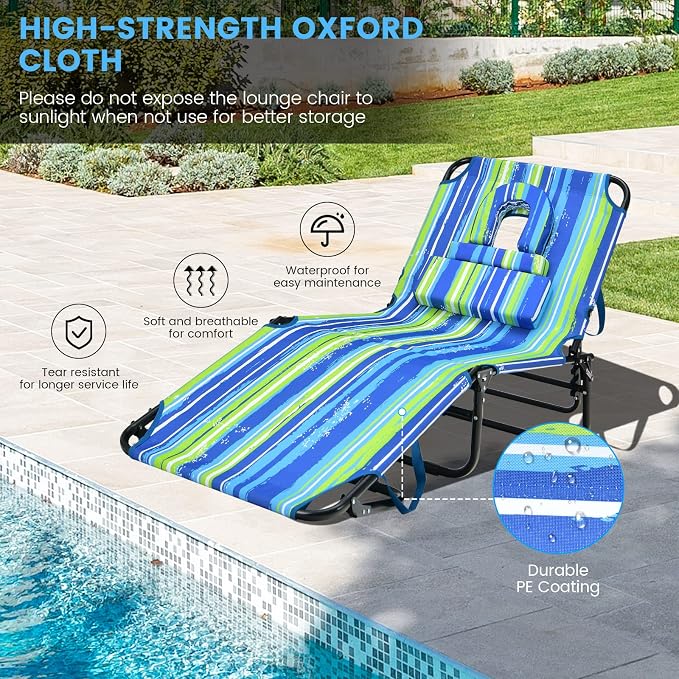 GYMAX Tanning Chair, 350lbs Beach Lounge Chair - Image 6