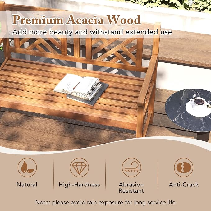 HAPPYGRILL Outdoor Wood Bench, 2-Seat Acacia Wood Loveseat Chair w/Slatted Seat - Image 7