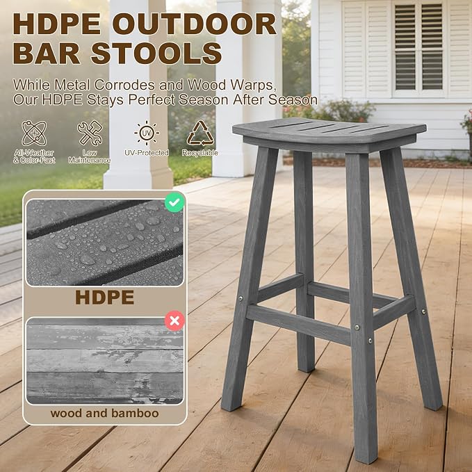 3-Piece Outdoor Bar Table Set, HDPE Patio Dining Set, 1 Round Bar Table & 2 Bar - Image 4