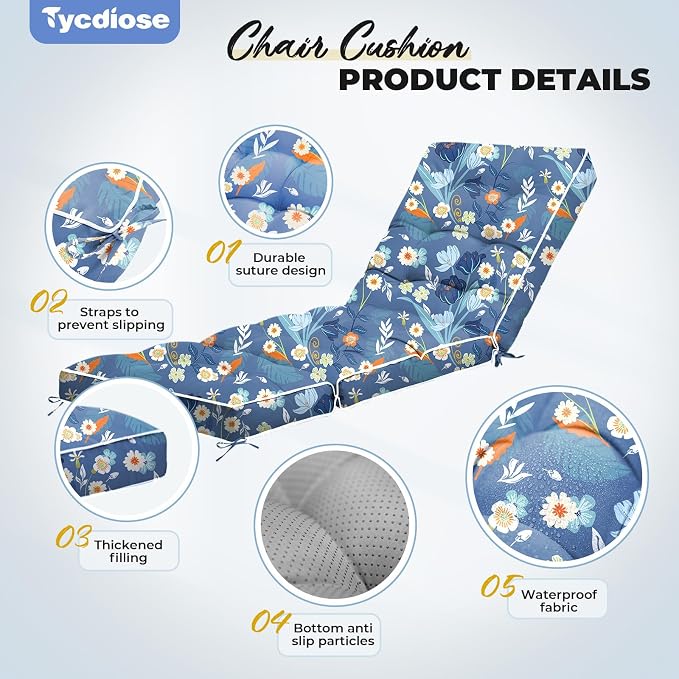 Outdoor Chaise Lounge Chair Cushion, Waterproof Non-Slip Patio Chaise Lounge - Image 5