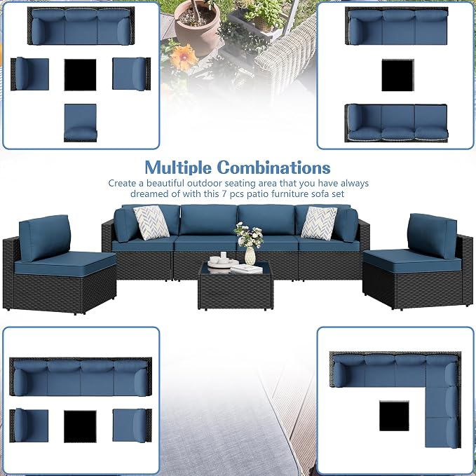 7 Pieces Outdoor Patio Sectional Sofa Couch, Wicker Furniture Patio - Image 8