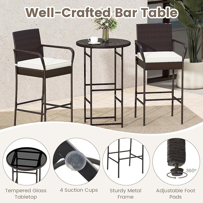Tangkula 3 Piece Outdoor Bar Set, Patio Rattan Heavy Duty Bar Height Glass Top - Image 8