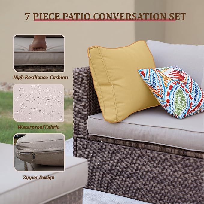 7 Piece Outdoor Patio Furniture Sets, Outdoor Wicker Conversatin Set w Glass - Image 3