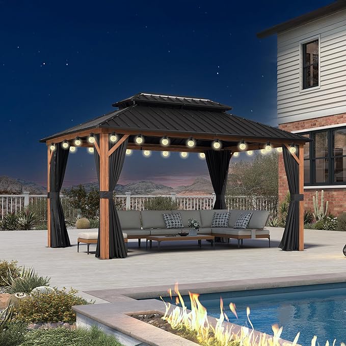 PURPLE LEAF 10' X 14' Hardtop Gazebo Outdoor Wood Grain Aluminum Frame by PURPLELEAF