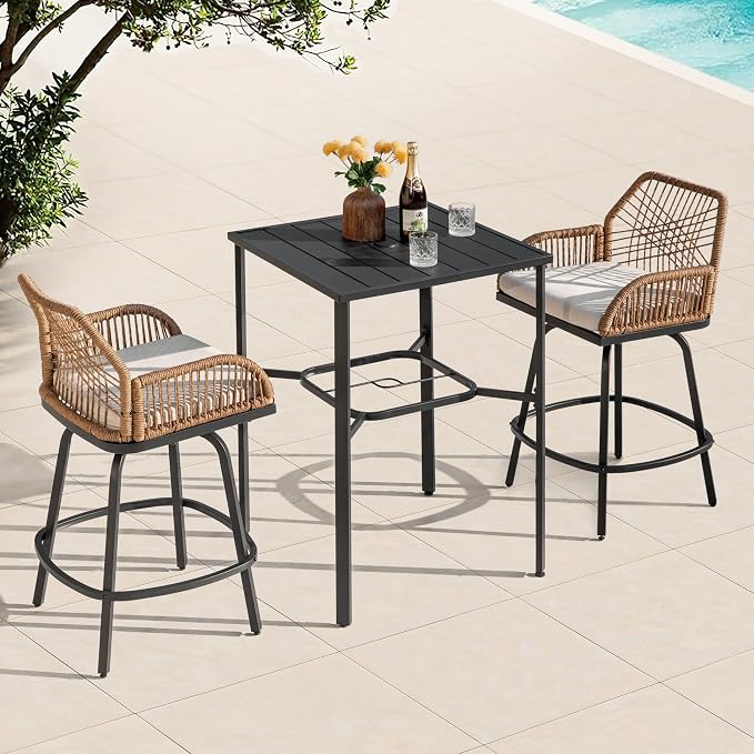 NUU GARDEN 3-Piece Patio Bar Set, All Weather Rattan Swivel Stools 360 Degree by NUUGARDENCORPORATION