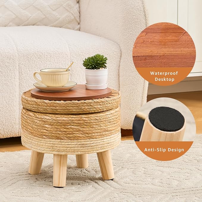 Cpintltr Storage Ottoman Poufs Handwoven Footstool Natural Seagrass Round - Image 7