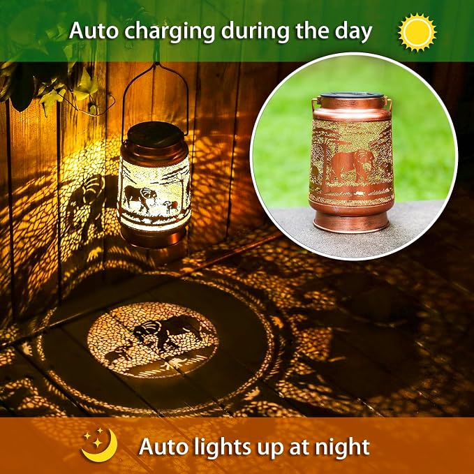 2 Pack Elephant Outdoor Solar Hanging Lanterns Waterproof LED Solar Lights - Image 2