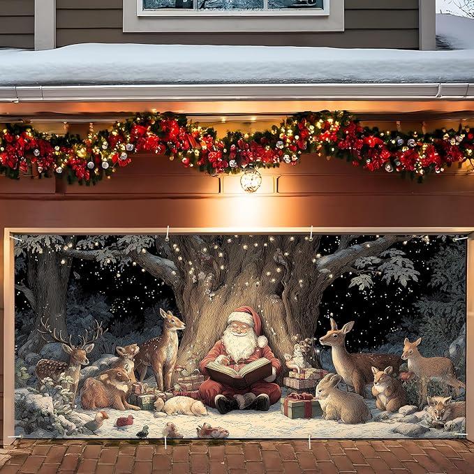 Santa Reading with Woodland Animals Garage Door Banner 6x13FT, Cozy Forest by ANNAQUEEN