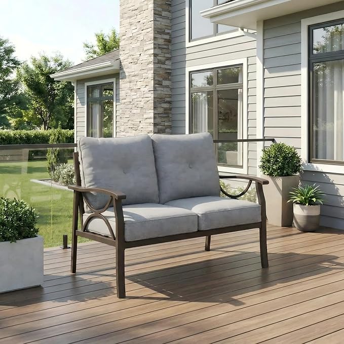 RoyalCraft Patio Loveseat, All-Weather Outdoor 2 Seats Sofa Couch, Khaki Metal by Bringyoubetterlife