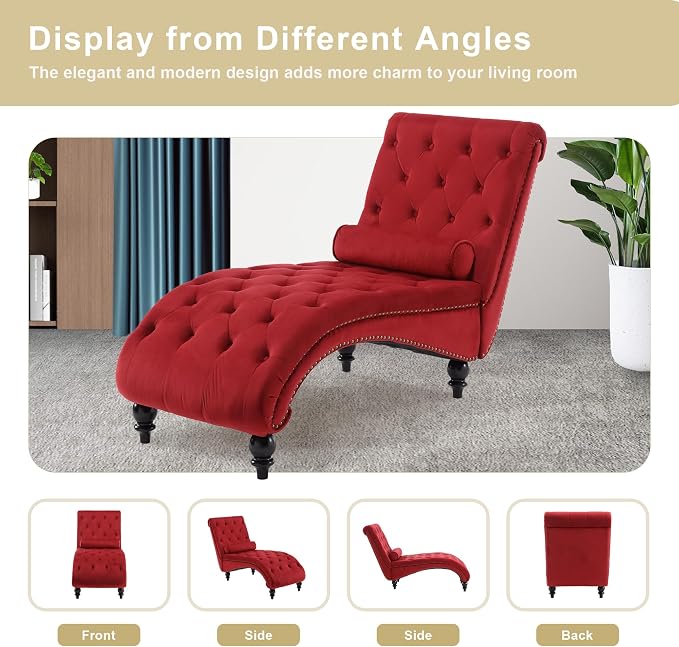 Chaise Lounge Indoor, Velvet Upholstered Lounge Chair Button-Tufted Armless - Image 6