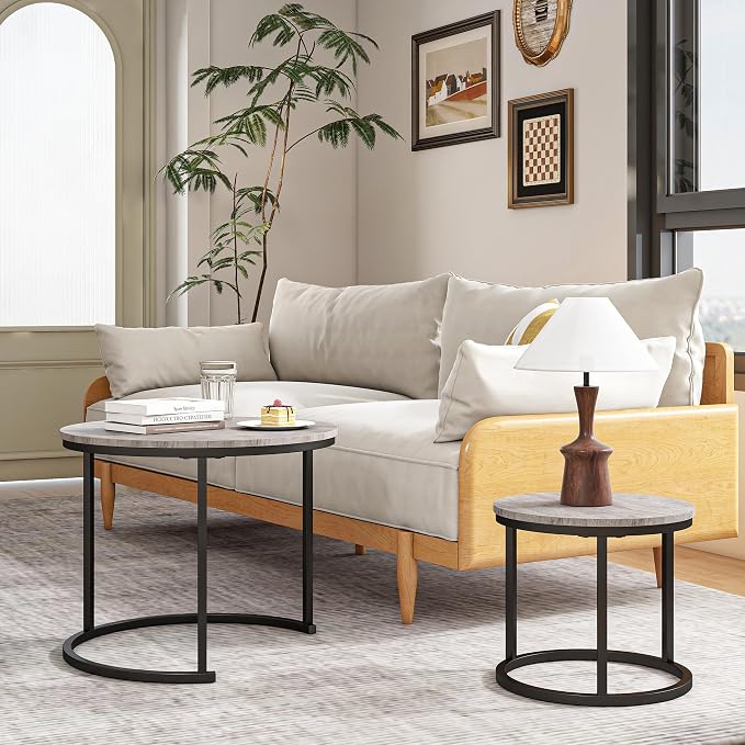 HOJINLINERO Round Coffee Table, Nesting Coffee Table Set of 2, Center Tables - Image 6