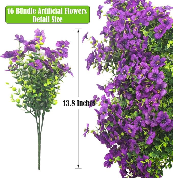 Artificial Fake Flowers for Outdoor Spring Decoration, 16 Bundles Faux Silk - Image 2