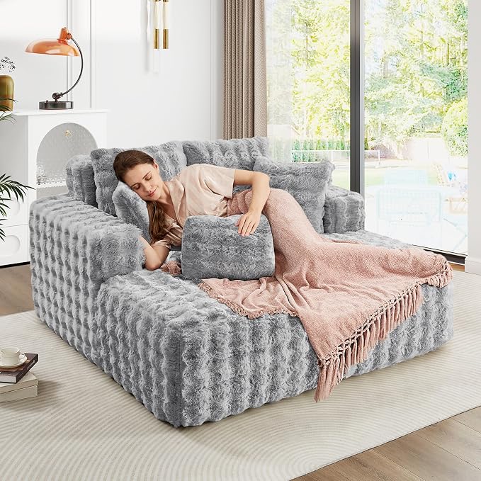 56"W Oversized Chaise Lounge Chair Indoor, Plush Faux Fur Sleeper Couch Sofa Bed - Image 6