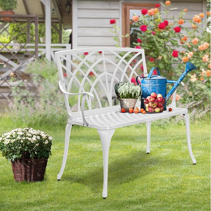 VINGLI 38" Outdoor Bench Cast Aluminium Garden Bench, Orchid Porch Benches - Image 7