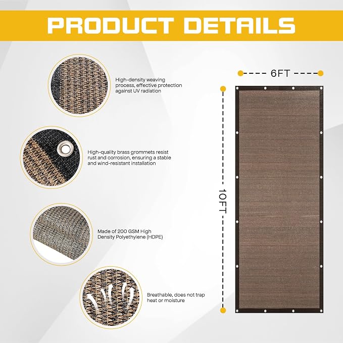 6'x 10' Sun Shade Cloth, Mocha Outdoor Pergola Shade Cover - Image 3