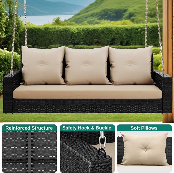 YITAHOME 3-Seats Outdoor Hanging Porch Swing Chair Rattan Black Wicker Patio - Image 3