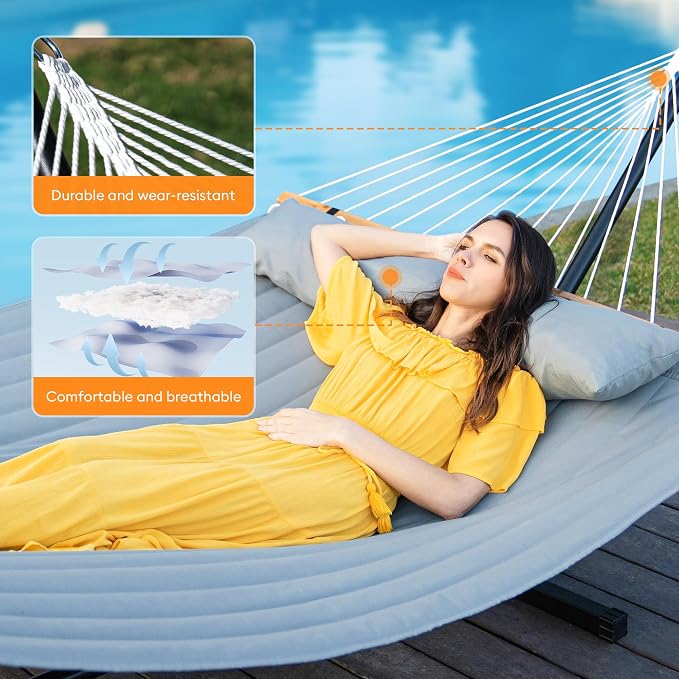 Double Hammock with Spreader Bar, Soft Pillow, Max Load 500lbs, Portable Hammock - Image 3