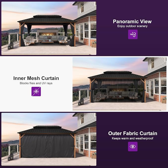 PURPLE LEAF 10' X 16' Hardtop Gazebo Outdoor Wood Grain Aluminum Frame Heavy - Image 9