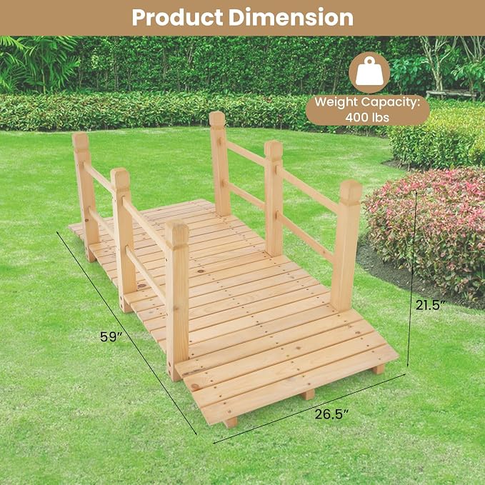 HAPPYGRILL 5FT Wooden Garden Bridge, Decorative Pond Landscaping Bridge - Image 8