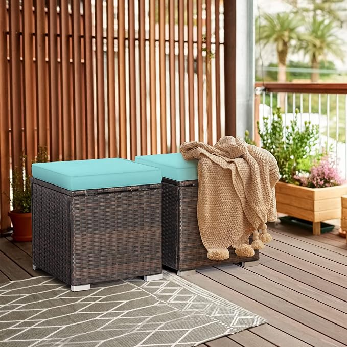MEDIMALL Patio Wicker Ottoman Set of 2, Rattan Side Table w/Storage, Footstool - Image 2