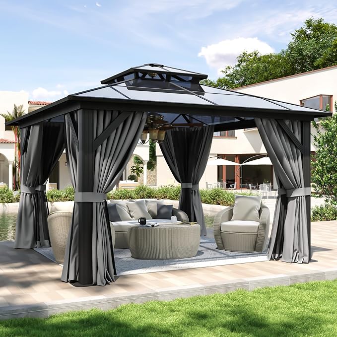 Aoxun 12'x12' Hardtop Gazebo, Aluminum Frame Permanent Pavilion by Aoxun