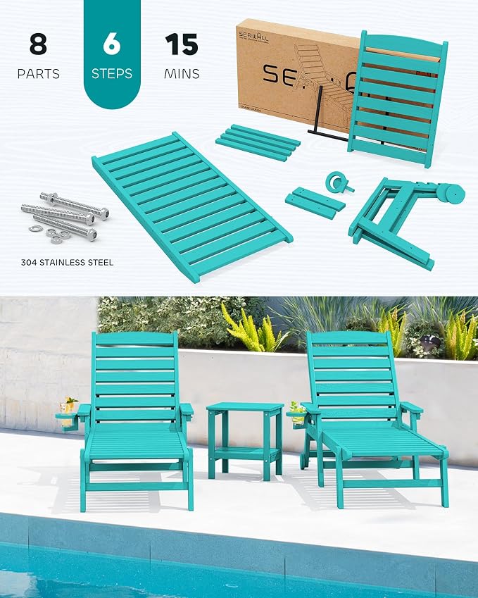 SERWALL Patio Chaise Lounge Chair Set of 2, Poly Lounge Chair - Image 6