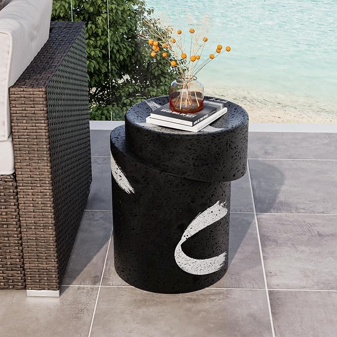 COSIEST Outdoor Side Table Black, Cylinder Shaped MgO Concrete Side Table by COSIEST