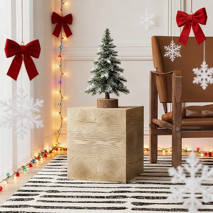 COSIEST Outdoor Side Table Faux Wood Patio End Table, Hand-Painted Wooden Plant by COSIEST