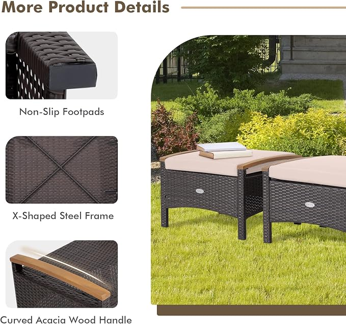 Tangkula 2 Piece Patio Rattan Ottomans, Outdoor Wicker Footstool w/Acacia Wood - Image 7