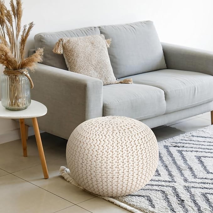 Palisa Round Ottoman Pouf Handmade Cotton Knitted Poof Bean Bag Filling - Image 2