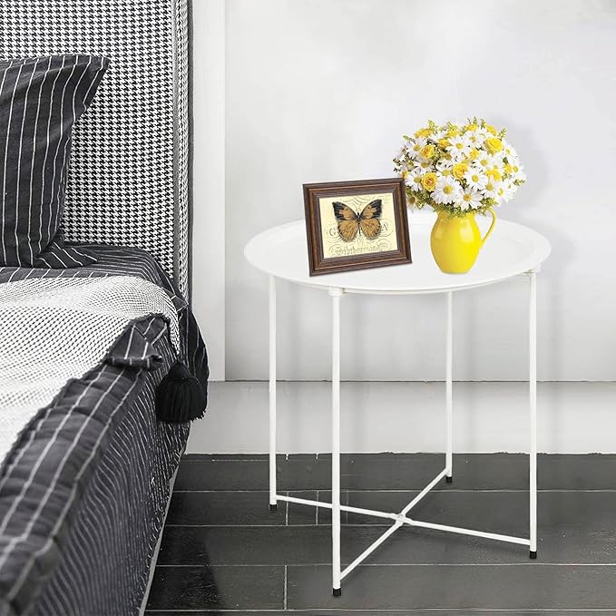 Garden 4 you End Table Metal Side Table White Round Folding Tray Cyan Sofa - Image 6