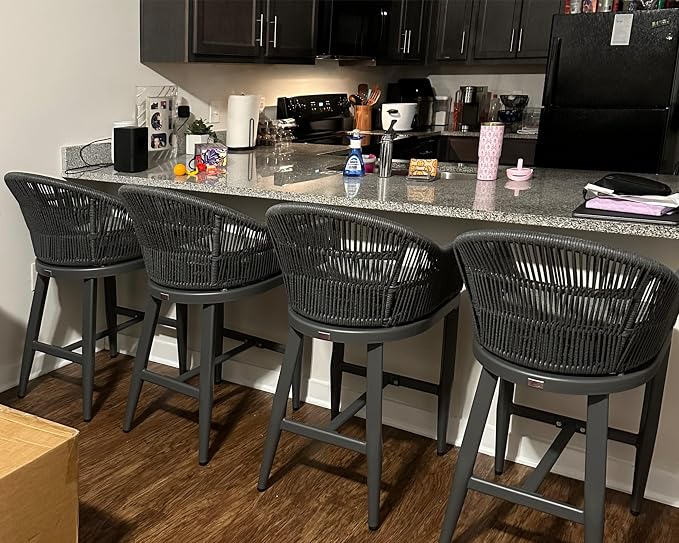 PURPLE LEAF Outdoor Bar Height Stools Set of 2 Patio Metal Modern Wicker Rattan - Image 3