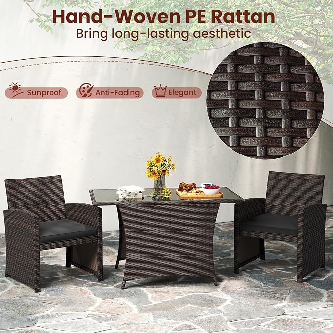 Tangkula 3 Piece Patio Wicker Dining Set, 2 Rattan Chairs - Image 3