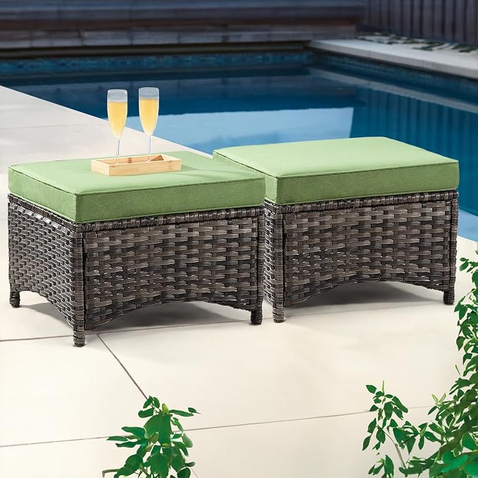 Outdoor Ottomans for Patio Set of 2 PE Wicker Steel Frame Outdoor Footstool by Meetleisure-LeisureLiving