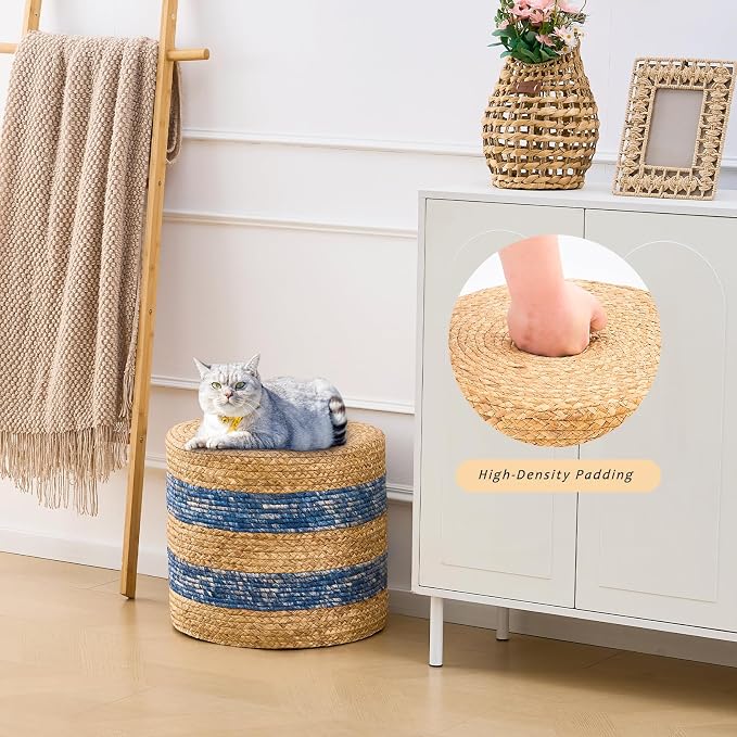 Handwoven Ottoman Pouf, Natural Water Hyacinth Footstool, Round Braided Outdoor - Image 6