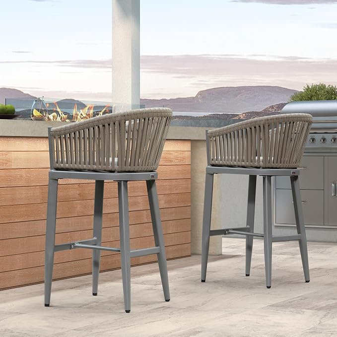 PURPLE LEAF Outdoor Bar Height Stools Set of 2 Patio Metal Modern Wicker Bar - Image 6