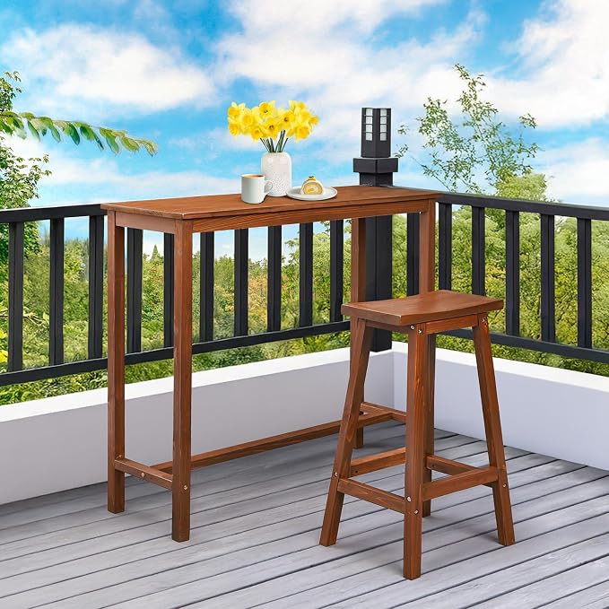 VINGLI Wooden Outdoor Bar Table, Wood Patio Counter Height Table, - Image 7