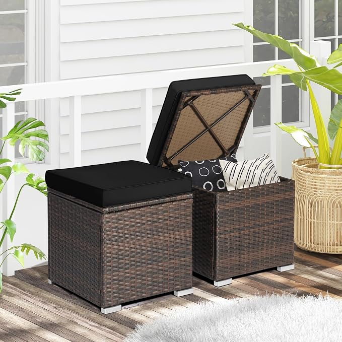 RELAX4LIFE Wicker Outdoor Storage Ottoman, 2-Piece Rattan Footstool w/Removable - Image 9