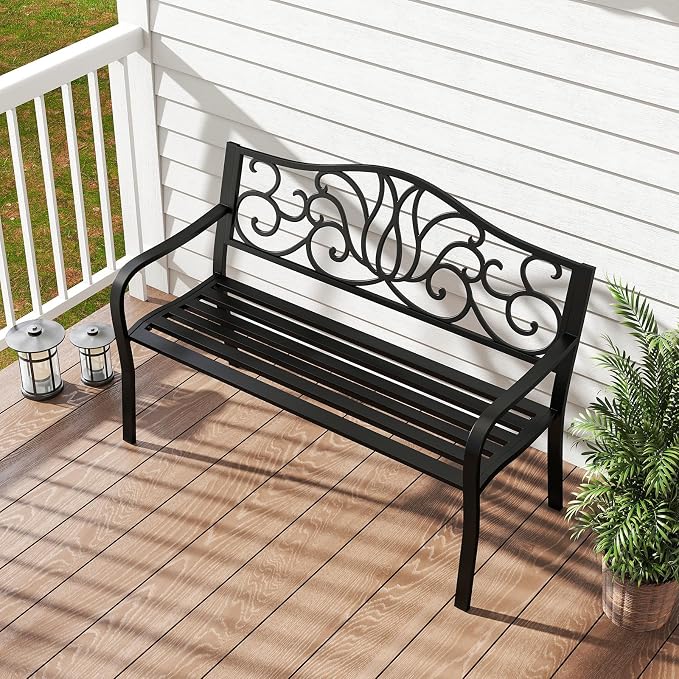 Tangkula 50 Inches Outdoor Garden Park Bench, Cast Iron Metal Front Porch - Image 4