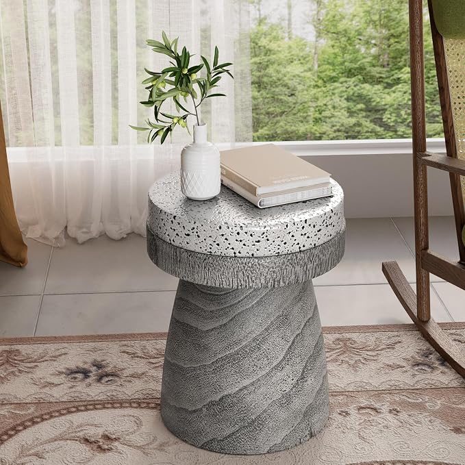 COSIEST Outdoor Side Table w Spotted Tabletop, Concrete Side Table, Round Patio - Image 4