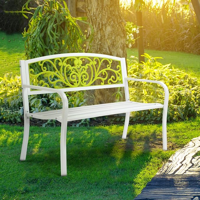 VINGLI Outdoor Bench for Patio Metal Garden Bench w/PVC Back Pattern - Image 7