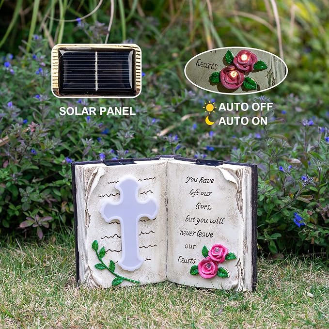 Outdoor Solar Memorial Cross Stakes Lights, Waterproof Book Statue Grave - Image 6