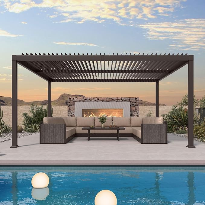 PURPLE LEAF 13' x 15' Louvered Pergola Outdoor Adjustable Louvre Shade Modern by PURPLELEAF