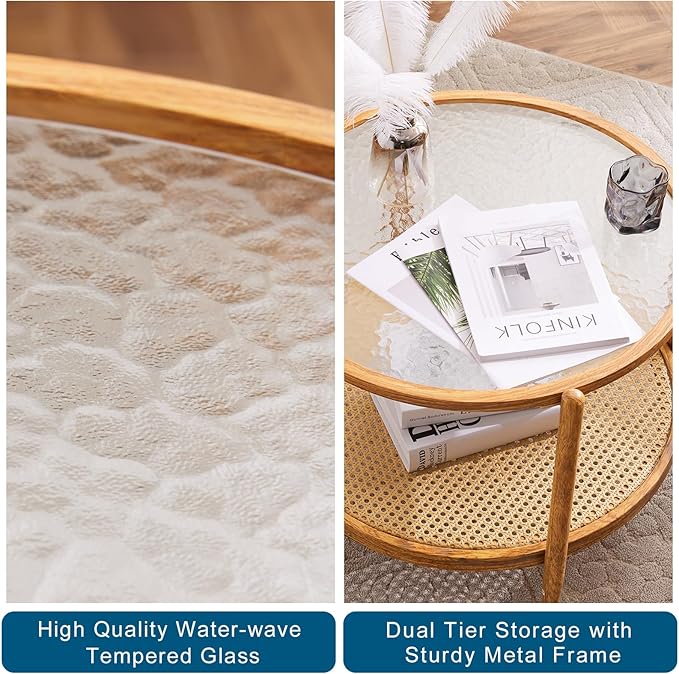 VINGLI 25.6" Rattan Coffee Table, Round Water-Wave Glass Metal Center Table - Image 4