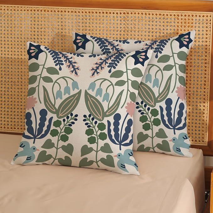 Navy Blue Boho Pillow Covers 18x18 Inch 2 Pcs Sage Green Floral Decor Throw - Image 2