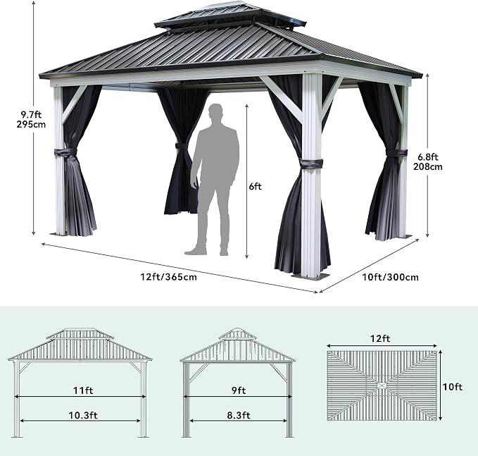 YITAHOME 10X12FT White Hardtop Metal Gazebo Patios Double Roof Canopy Aluminum - Image 2