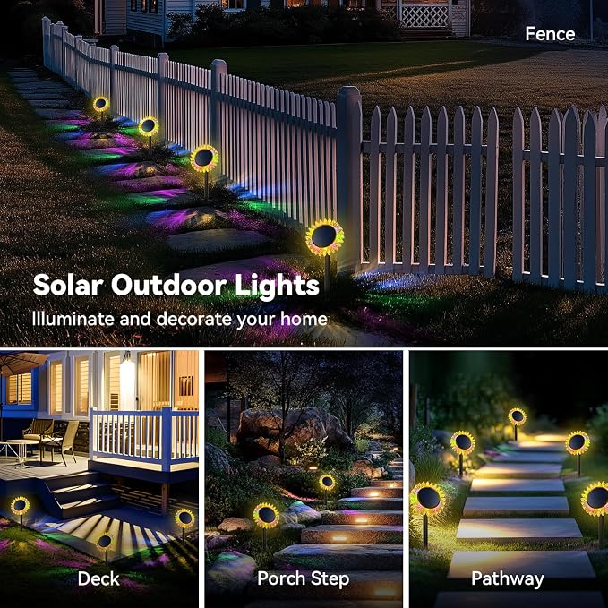 Outdoor Solar Lights, 4 Pack Upgraded Solar Sunflower Lights, Ground/Wall - Image 3